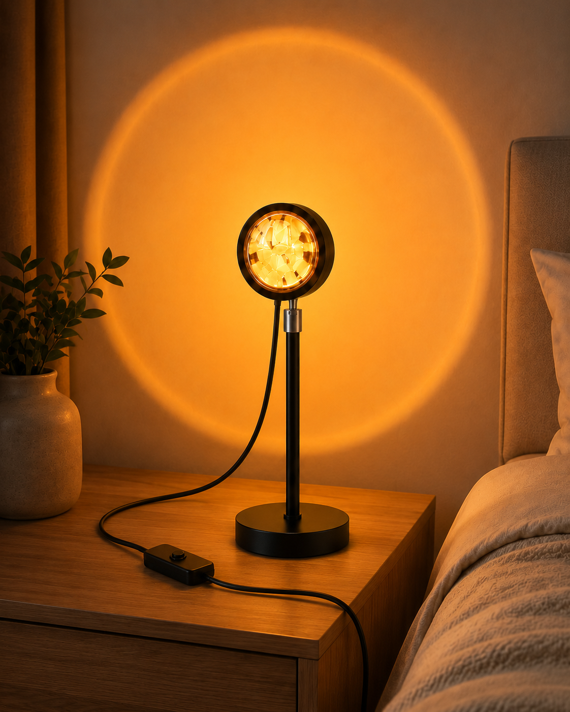 Sunset lamp connected and casting a warm orange glow in a bedroom