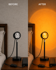 Before and after with the sunset lamp visibly connected to USB power