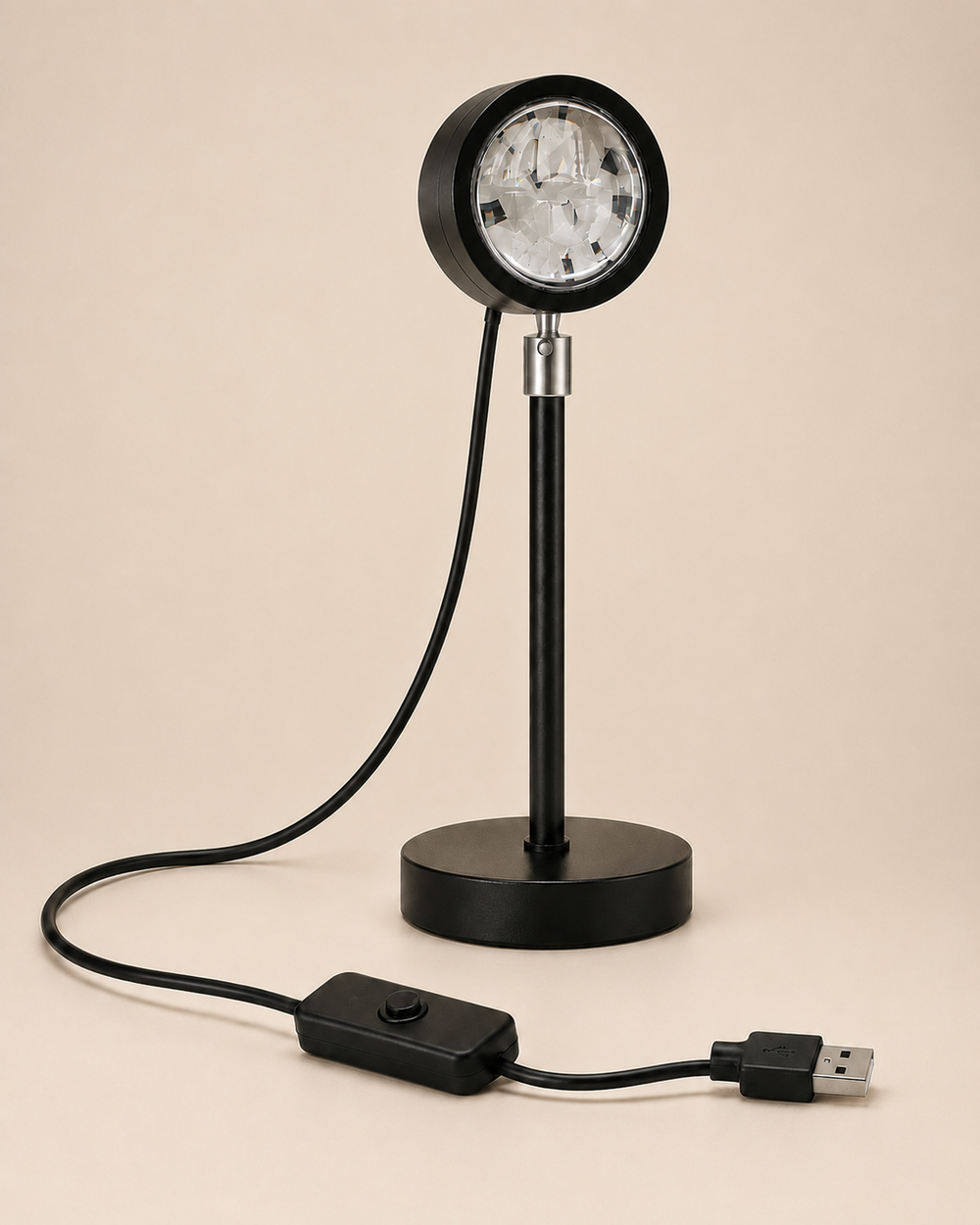 Sunset lamp switched off with unplugged USB cable, inline switch and complete product