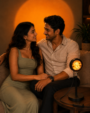 Natural couple enjoying the connected sunset lamp glow