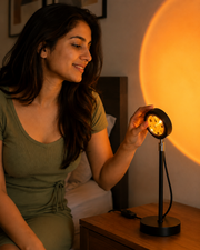 Fit woman featuring the sunset lamp in a mobile-optimized bedroom scene