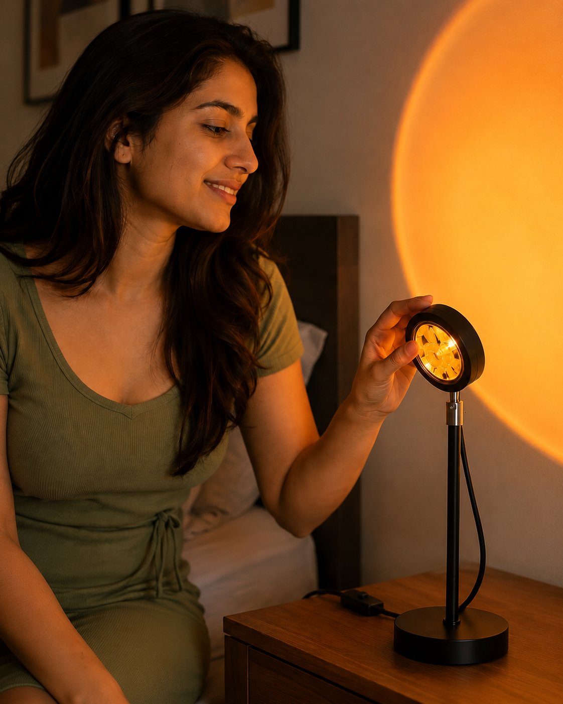 Fit woman featuring the sunset lamp in a mobile-optimized bedroom scene