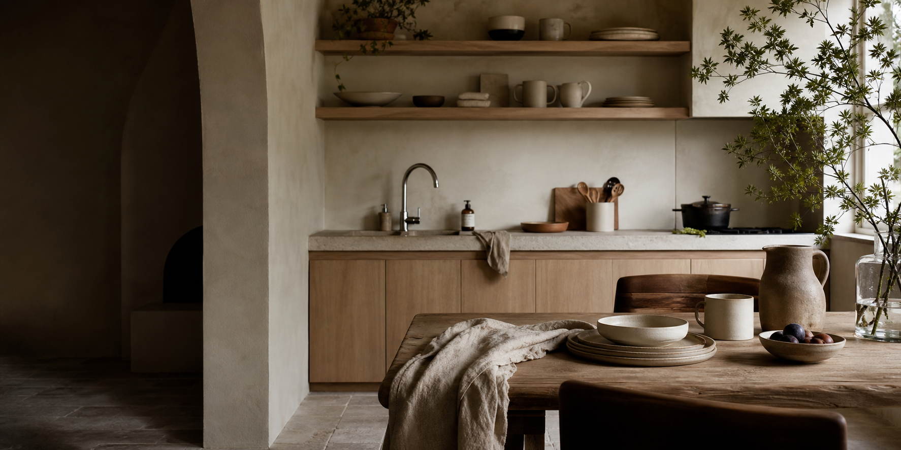 Warm natural kitchen and dining interior