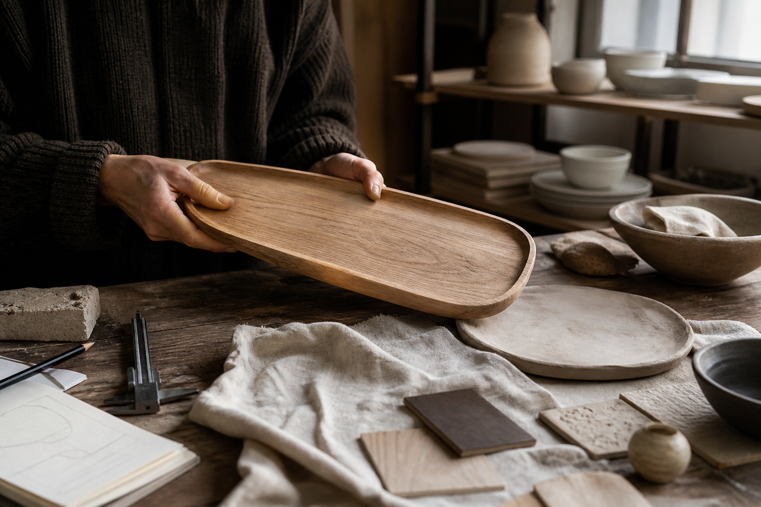 Natural wood, linen and ceramic objects in a quiet home